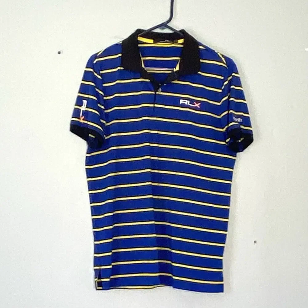 Ralph Lauren RLX Polo Shirt Size Medium Blue Yellow Stripe Isleworth Golf Club